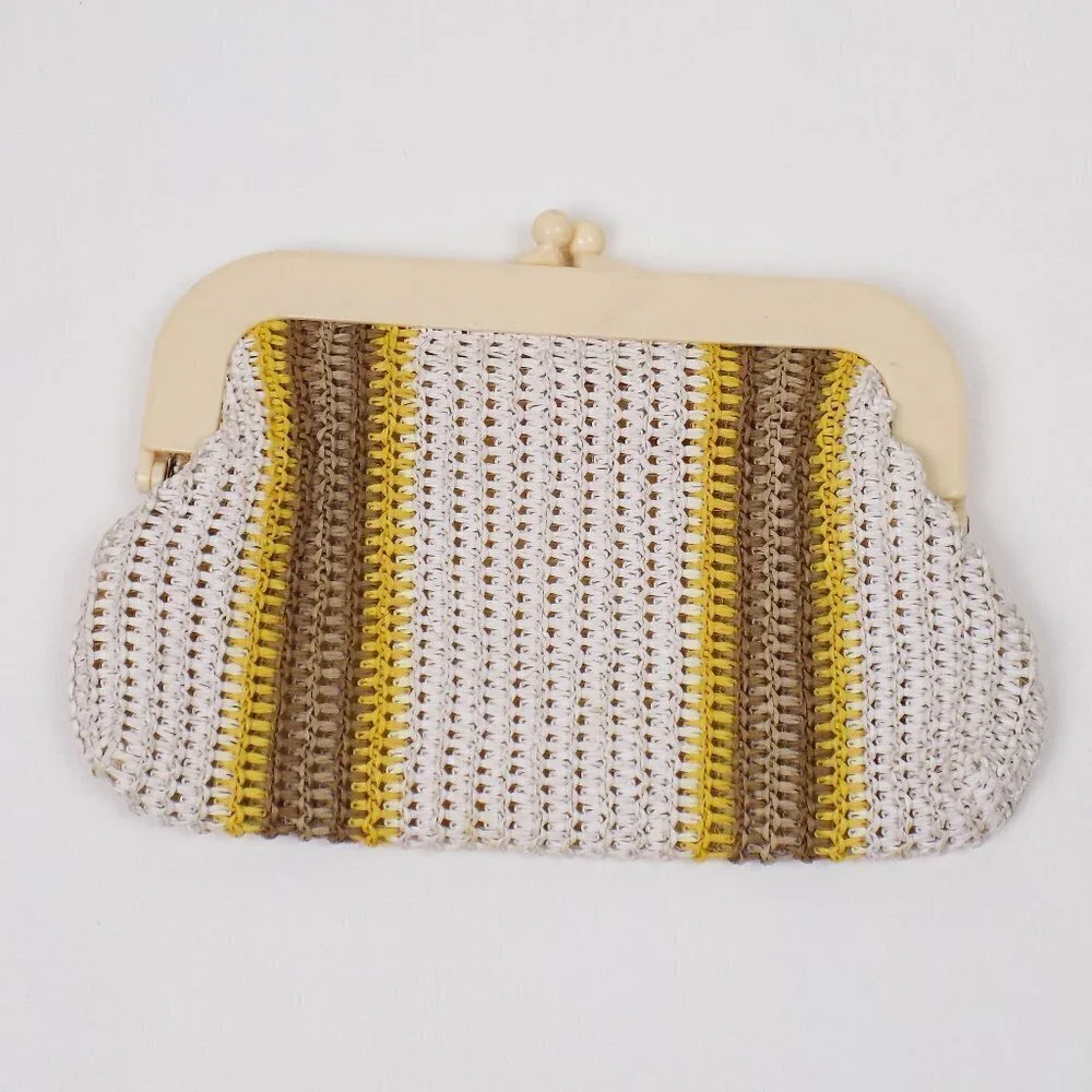 vintage macrame straw woven clutch pouch